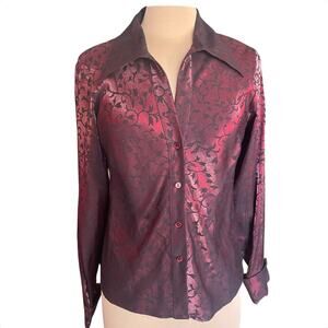 Dress Barn Vintage Burgundy Black Satin Button Front Blouse SM Goth Fairy Grunge